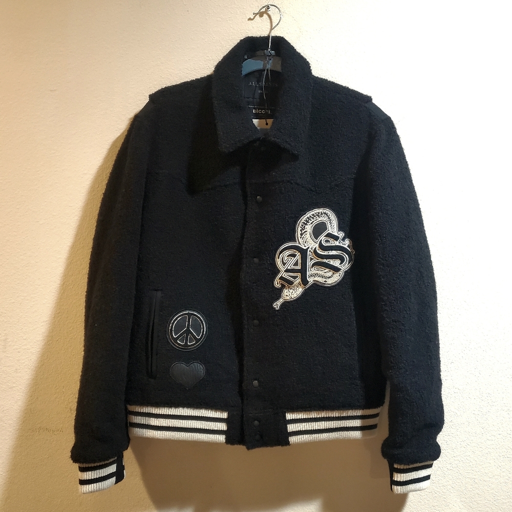 All Saints / AllSaints Ambaum Black Bomber / Varsity jacket with Embroidery